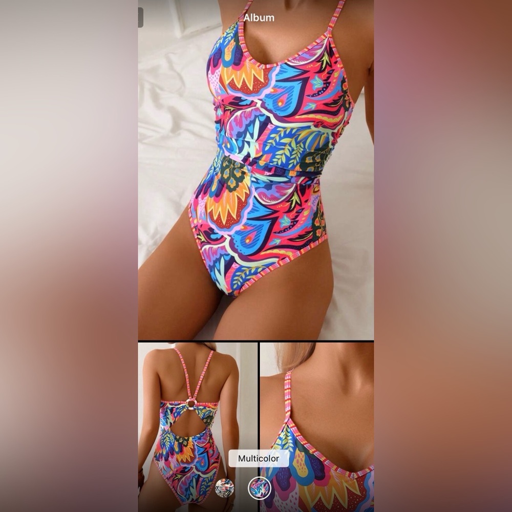 SHEIN Multicolor Paisley High-Waist One-Piece Swimsuit - Pink & Blue